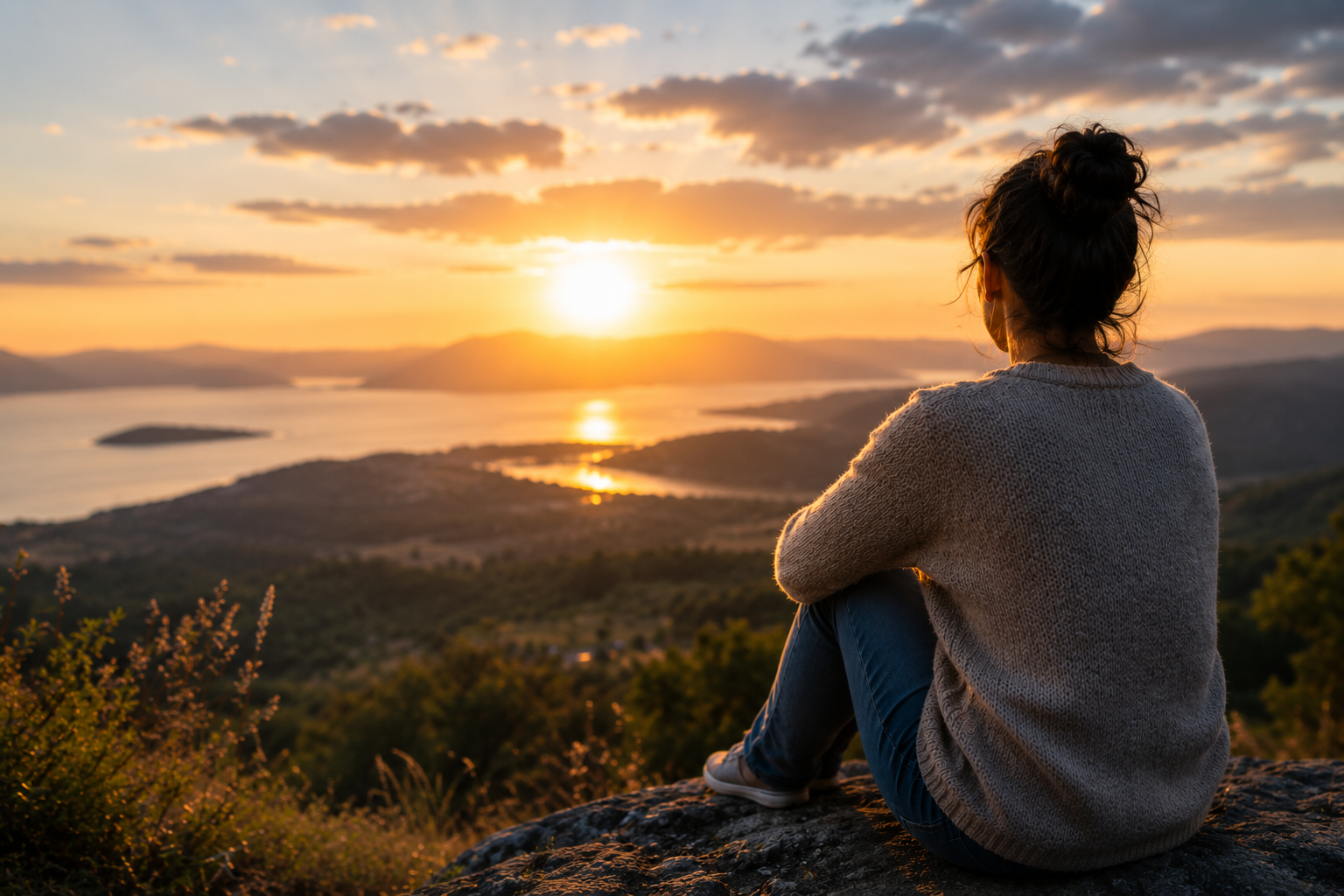 Person sitting on a hill overlooking a sunrise, reflecting hope, emotional healing, and the journey toward recovery from depression.